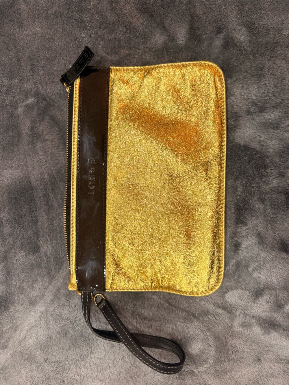 Vintage LOEWE Metallic Gold Leather Wristlet Pouch Clutch
